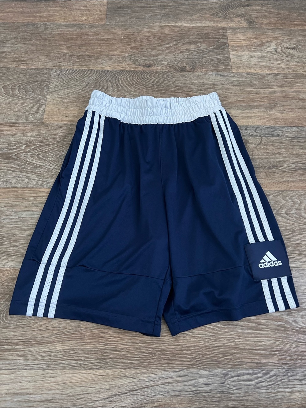 adidas Navy and White Athletic Shorts with Three-Stripe Detail/A711